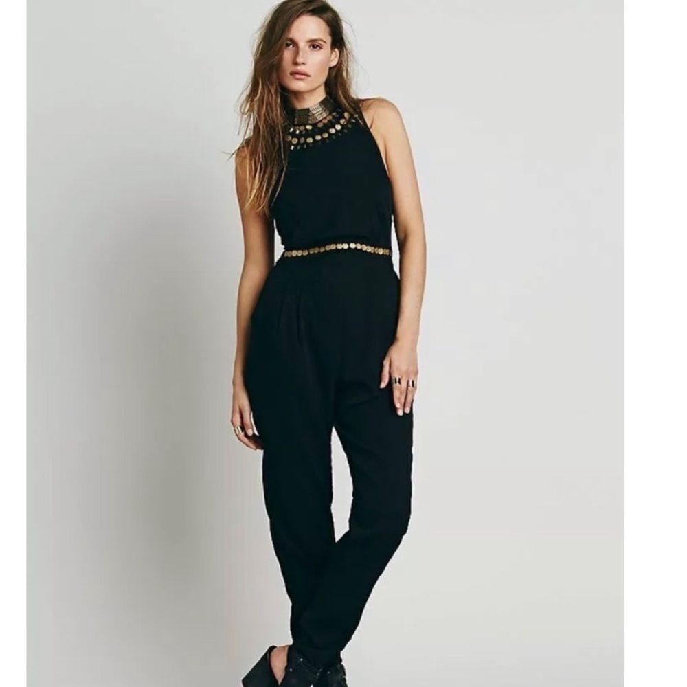 Free People Bohemian Soul Gold Coin Embellished Black Halter Neck Catsuit Size 4